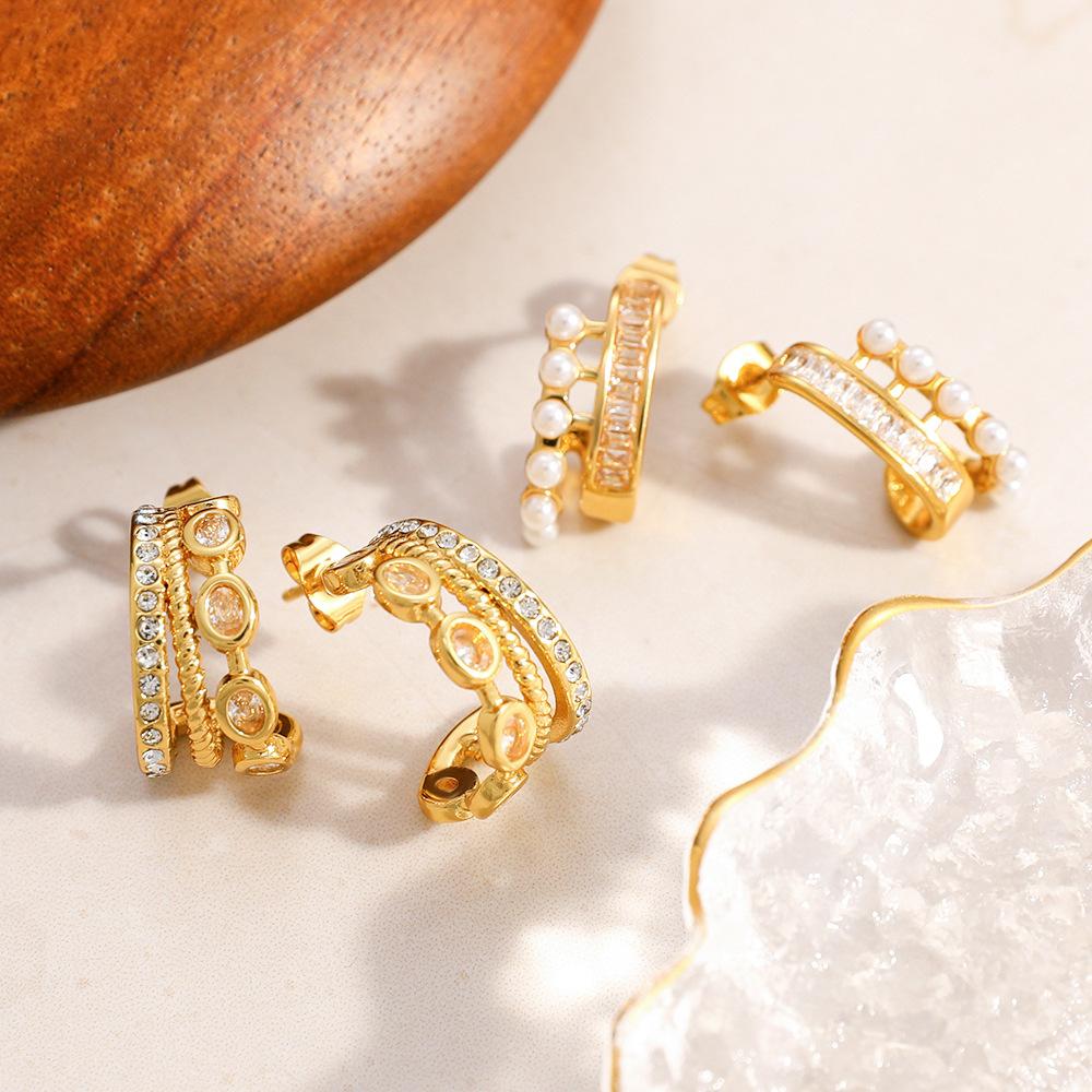 SUMMLY Trendy Diamond Pearls C Shaped Irregular Concave 18K Gold Plated Stainless Steel Stud Earrings Fashion Jewelry