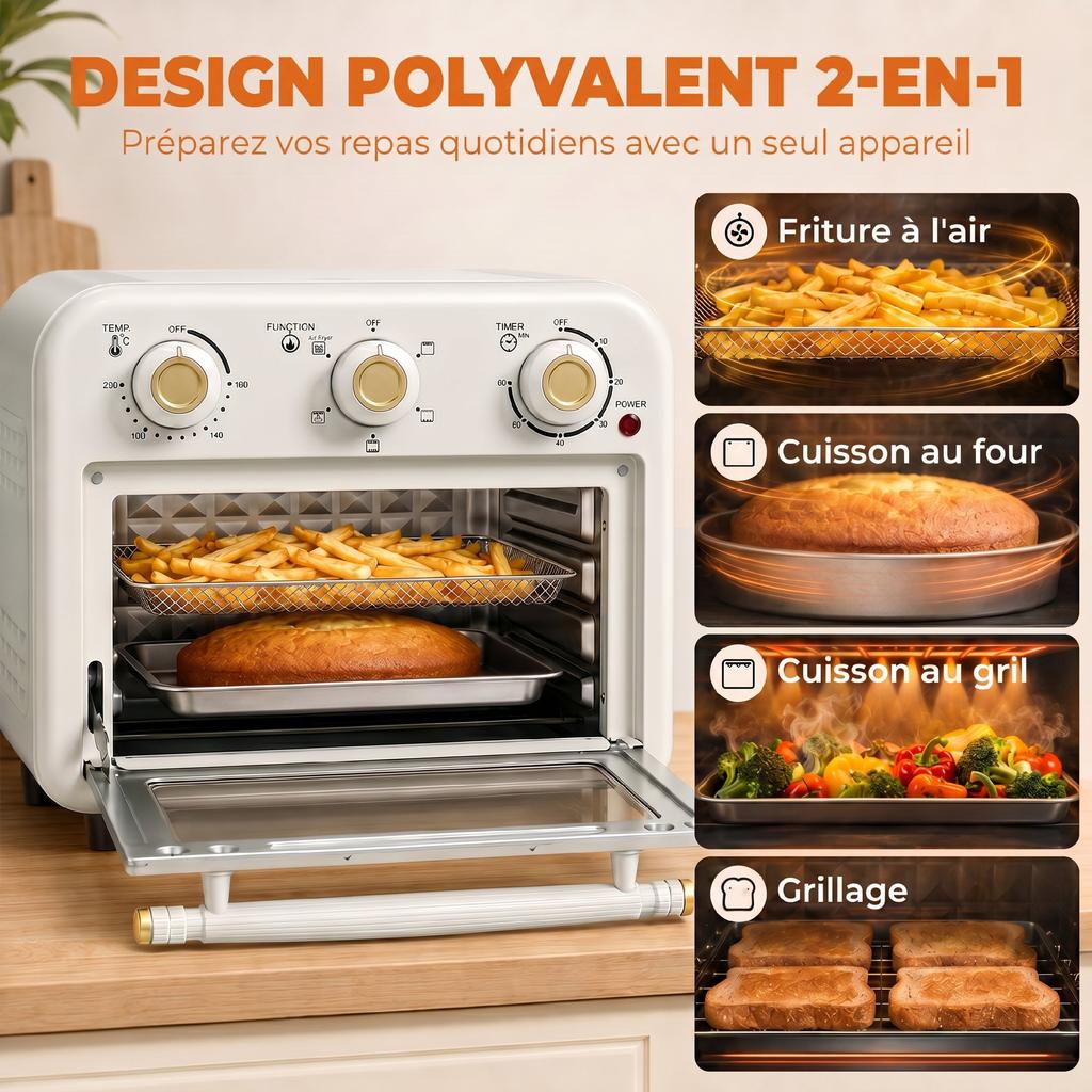 Air Fryer Oven, 12 L, 1200 W, Steel Cooking Plate, Cream