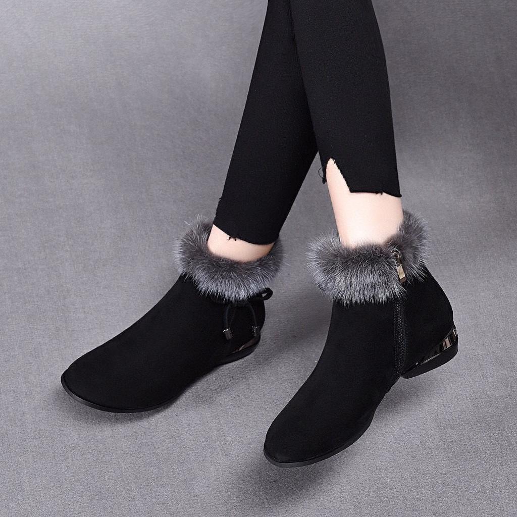 Suede matte leather small short boots round head middle heel fleece low-top autumn and winter fluffy cotton boots temperament fluffy low-heeled women