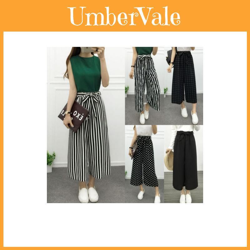 Women Wide Korean Leg High Waist Loose Baggy Casual Striped Crop Trousers Pants