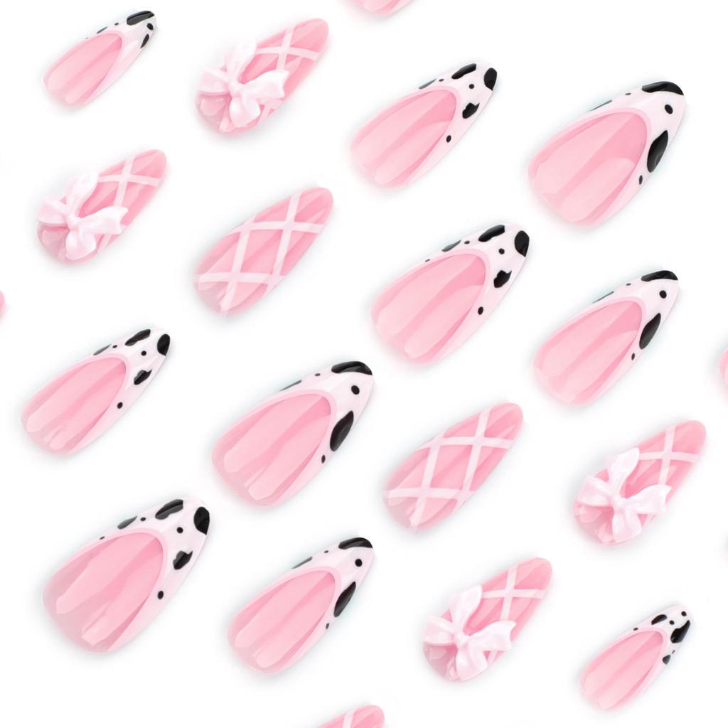 Pink Almond French Cow Print Press-On Nails with Sweet Bow & Striped Tips