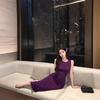 Purple Sleeveless High Neck Fishtail Midi Dress Women Slim Fit Bodycon Wrap Skirt Elegant Office Casual Wear