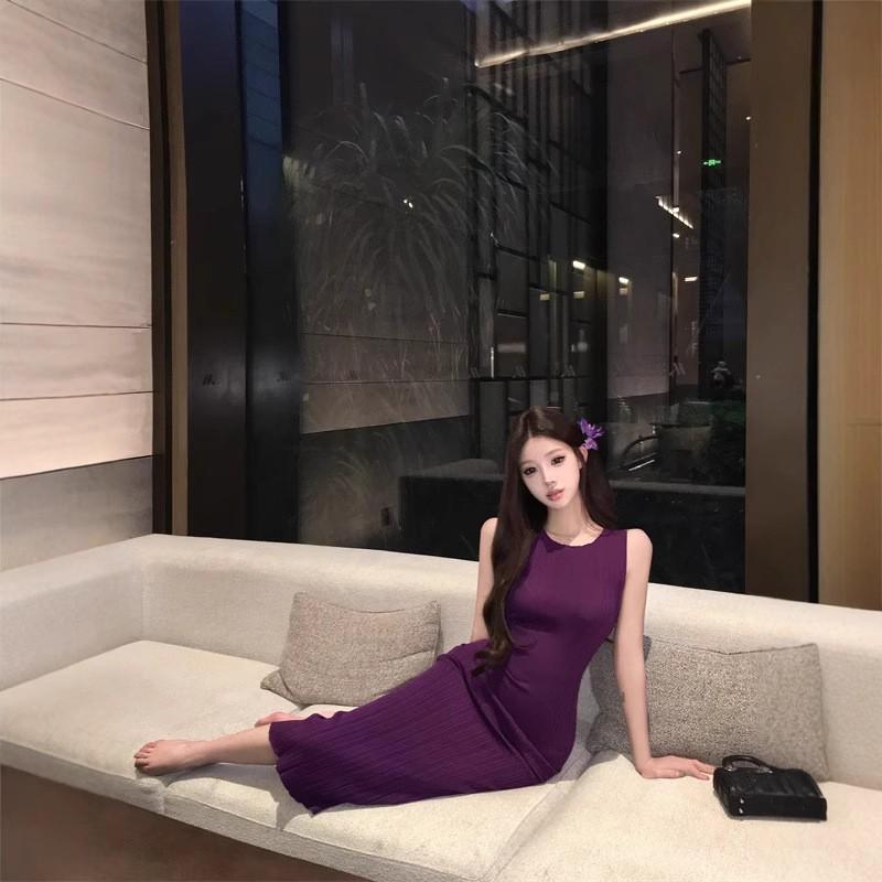 Purple Sleeveless High Neck Fishtail Midi Dress Women Slim Fit Bodycon Wrap Skirt Elegant Office Casual Wear