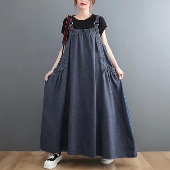 Yousheng Women's Denim Overall Dress Loose Sleeveless Boho Jean Jumper Dress with Pockets Wide Hem Pinafore Dress with Adjustable Strap
