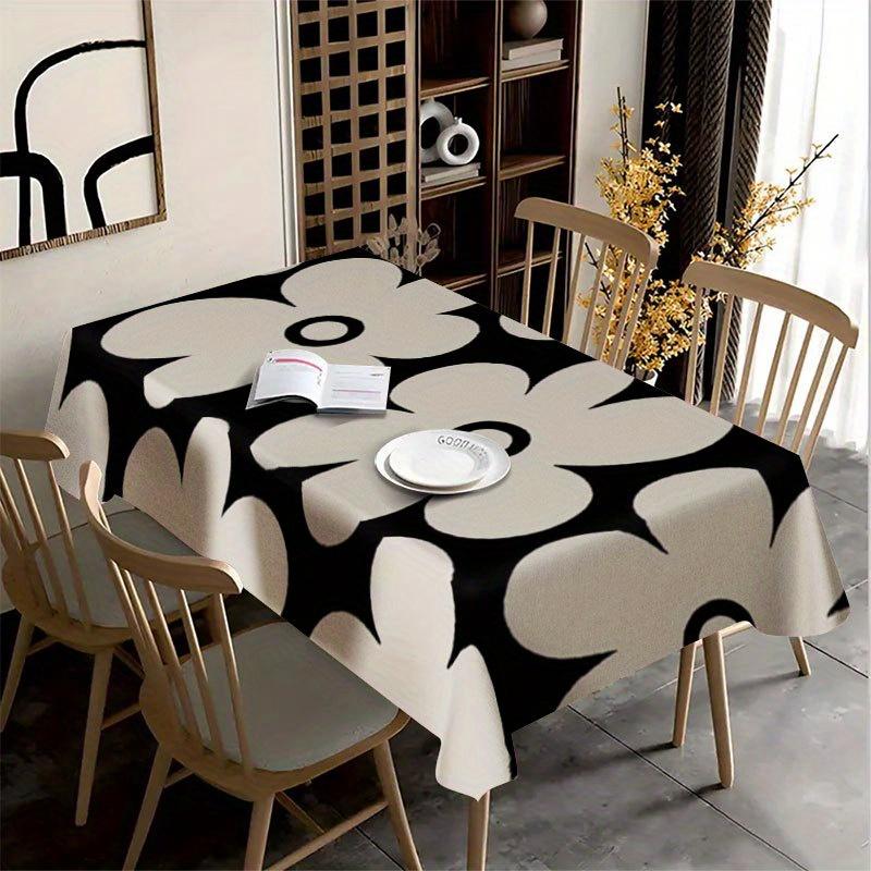 Floral Rectangular Tablecloth - Black & White Bold Floral Pattern, Durable Polyester All-Season Use for Kitchen Dining, Parties