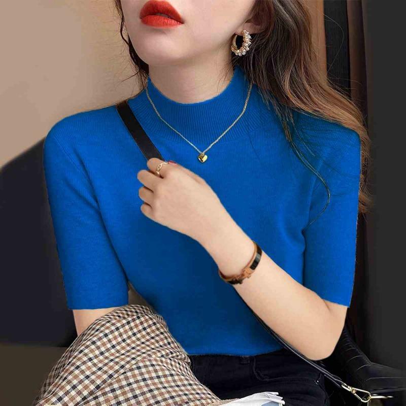 Модные повседневные женские рубашки с высоким воротом, летние узкие блузки с коротким рукавом, женские элегантные однотонные простые свободные рубашки, женская одежда 26229