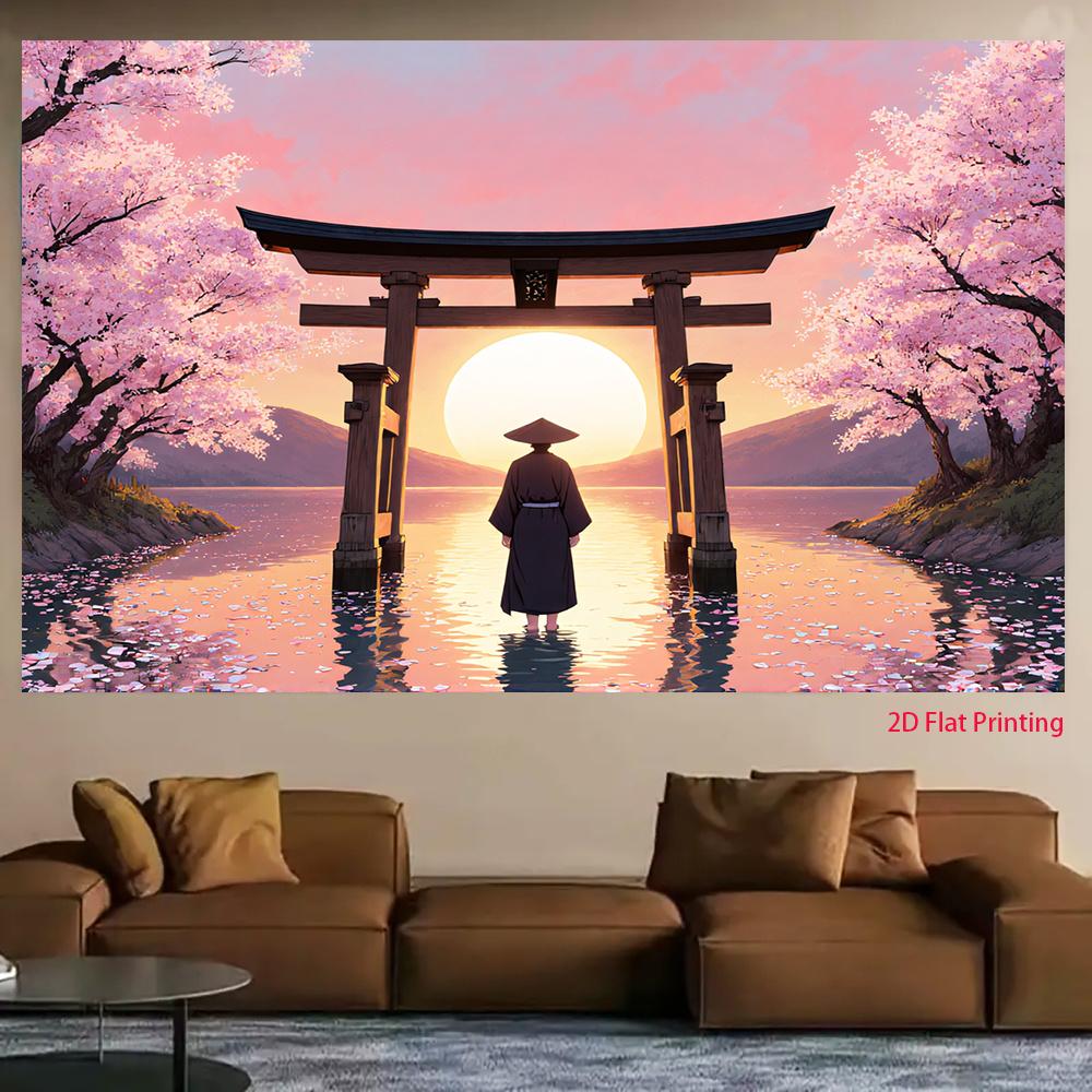 2D plane traditional Japanese gate with cherry blossoms falling in a peaceful sunset suitable for parties polyester fiber
