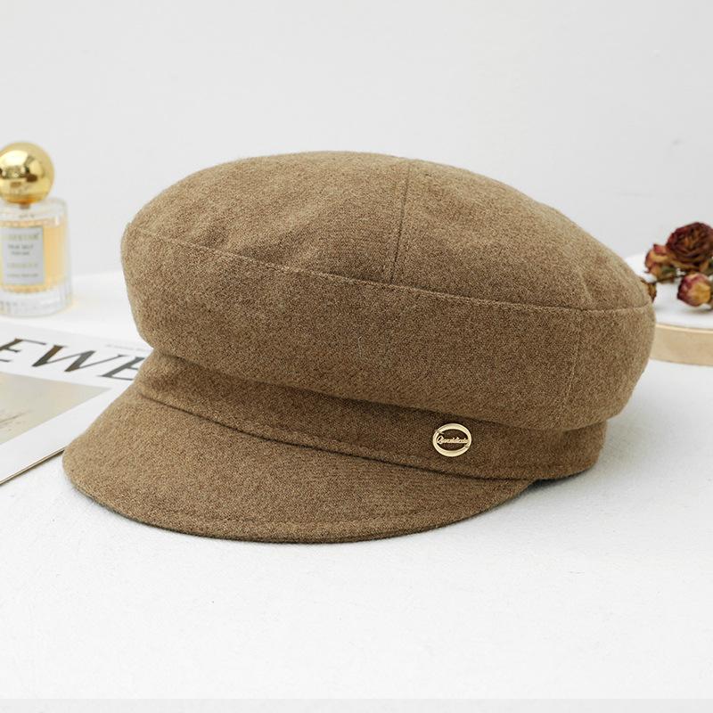Female autumn and winter versatile British style fashion dome military hat outdoor windproof octagonal hat warm face small painter hat tide