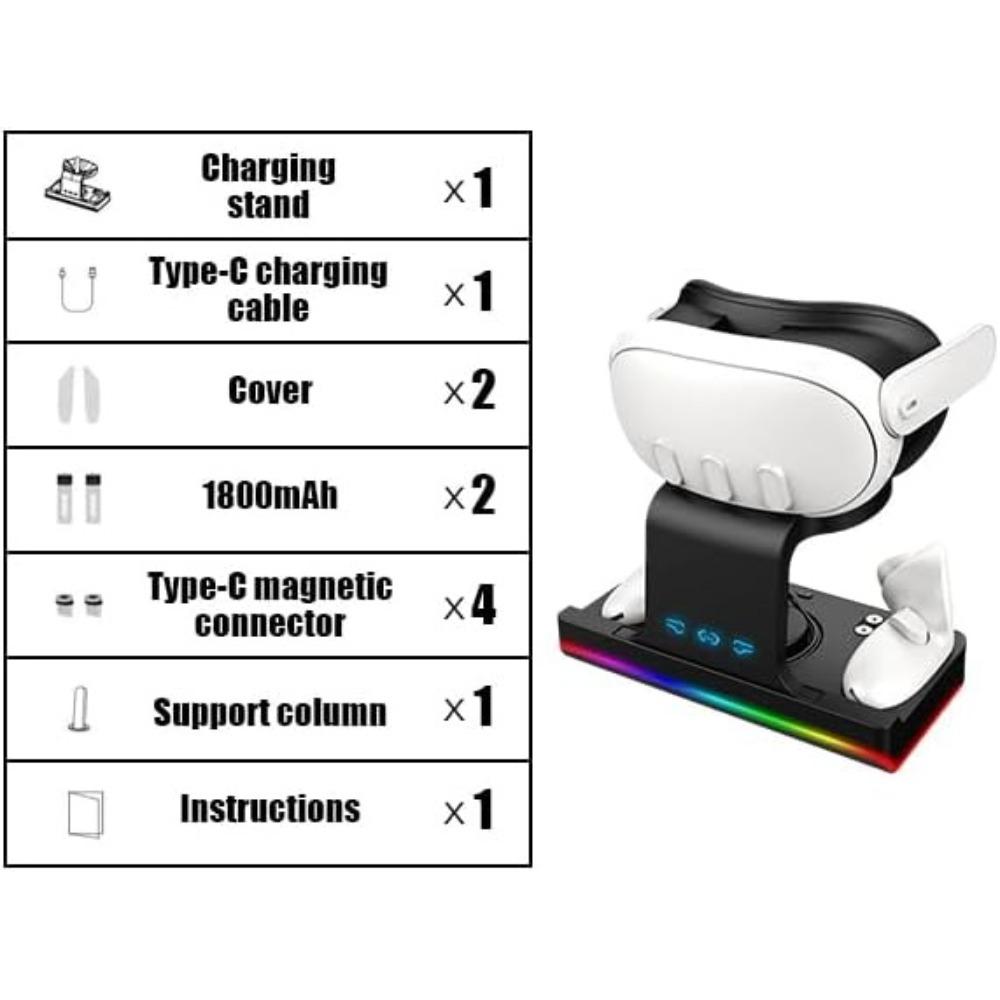 Зарядная база для Meta Quest 3 VR, беспроводная зарядная стойка с RGB-подсветкой, зарядная база, 2 перезаряжаемых аккумулятора для Oculus/Meat Quest 3