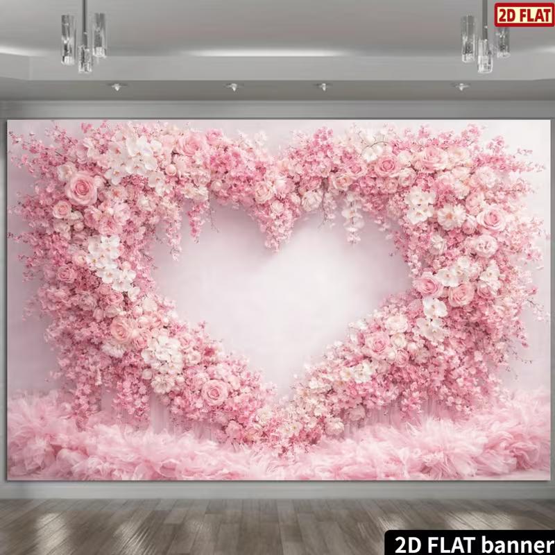 2D Printed Backdrop with Pink Rose Heart Arch, White Flowers and Feathery Trim