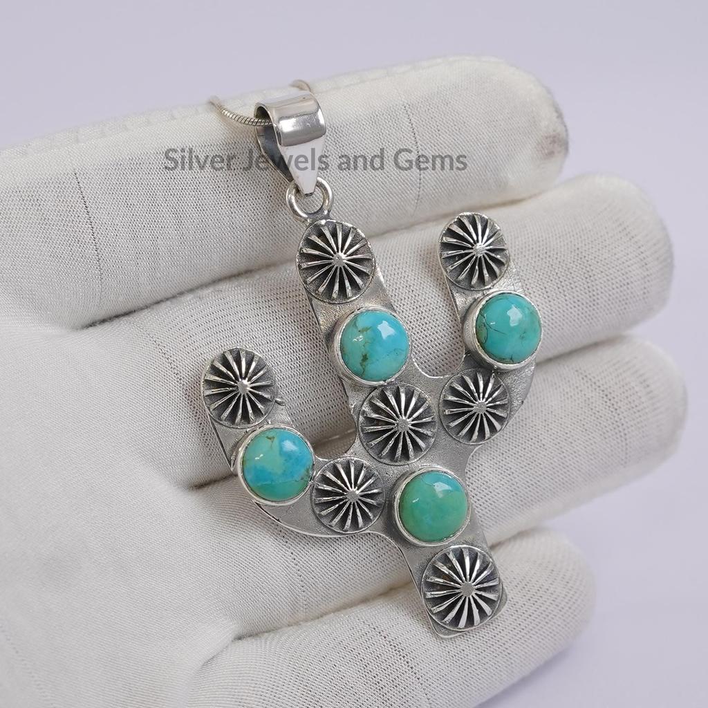 Natural Turquoise Cactus Pendant, 925 Sterling Silver December Birthstone Pendant, Cactus Shape Boho Pendant, Native American Pendant