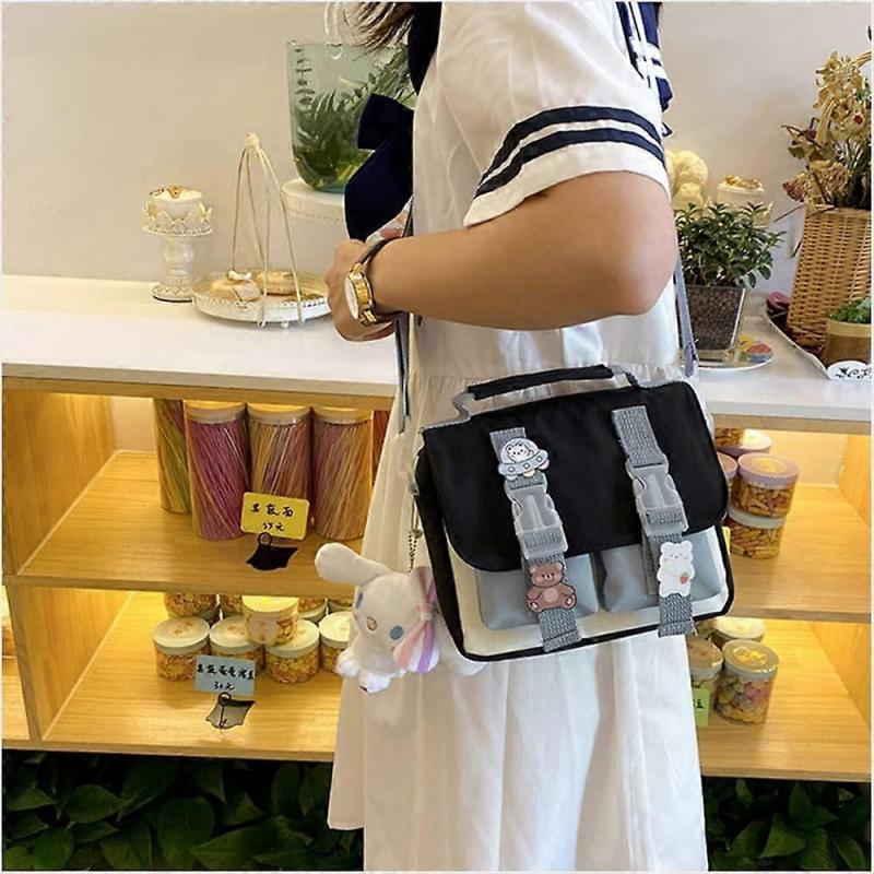 Kawaii Shoulder Bag with Cute Pins Kawaii Tote Bag for Girls School Crossbody Backpack Casual Fashion (Black)