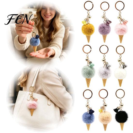 Decorative Ice Cream Pendant Plush Keychain for Backpacks, Fluffy Cone Handbag Hanging Accessory Bag Charm, with Metal Ring Decor