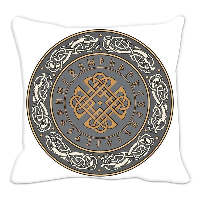 Funda de almohada con amuleto vikingo, cojín para sofá, decoración del hogar, funda geométrica en blanco y negro