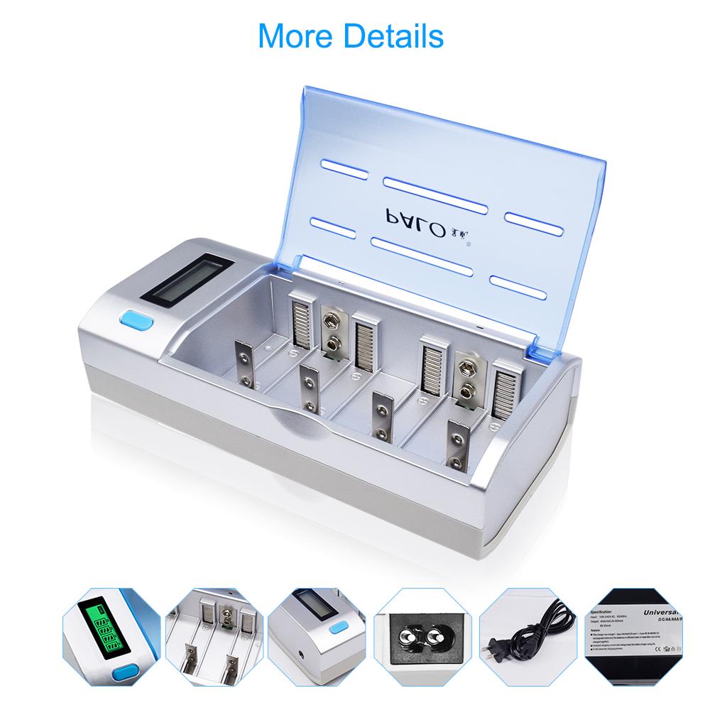 PALO Зарядное устройство с ЖК-дисплеем для аккумулятора 1,2 В AA/AAA/SC/C/D/9 В Mi-MH + 4 шт. NiMH 8000 мАч перезаряжаемого аккумулятора D размера D