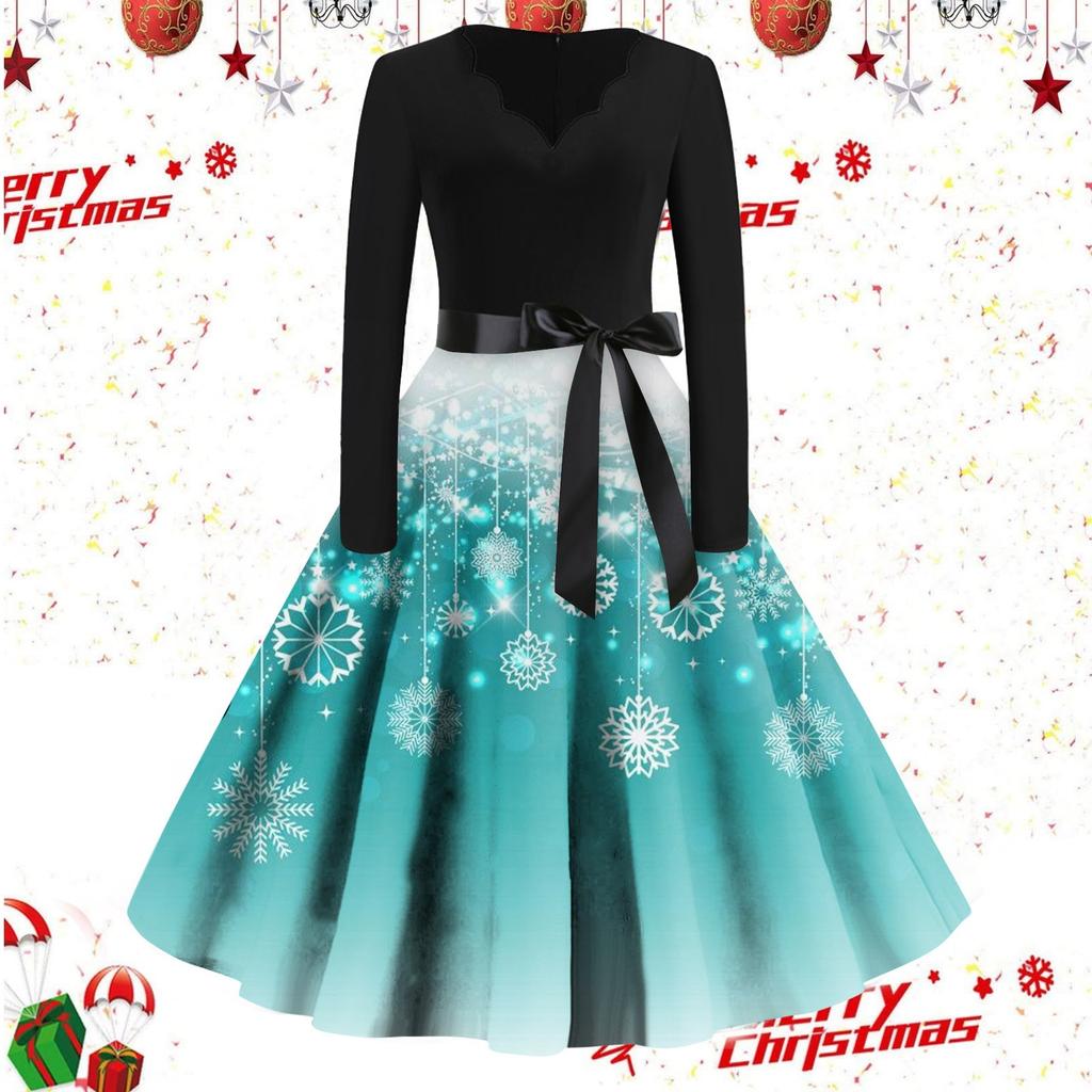 Женские повседневные модные винтажные длинные платья с длинным рукавом с рождественским принтом