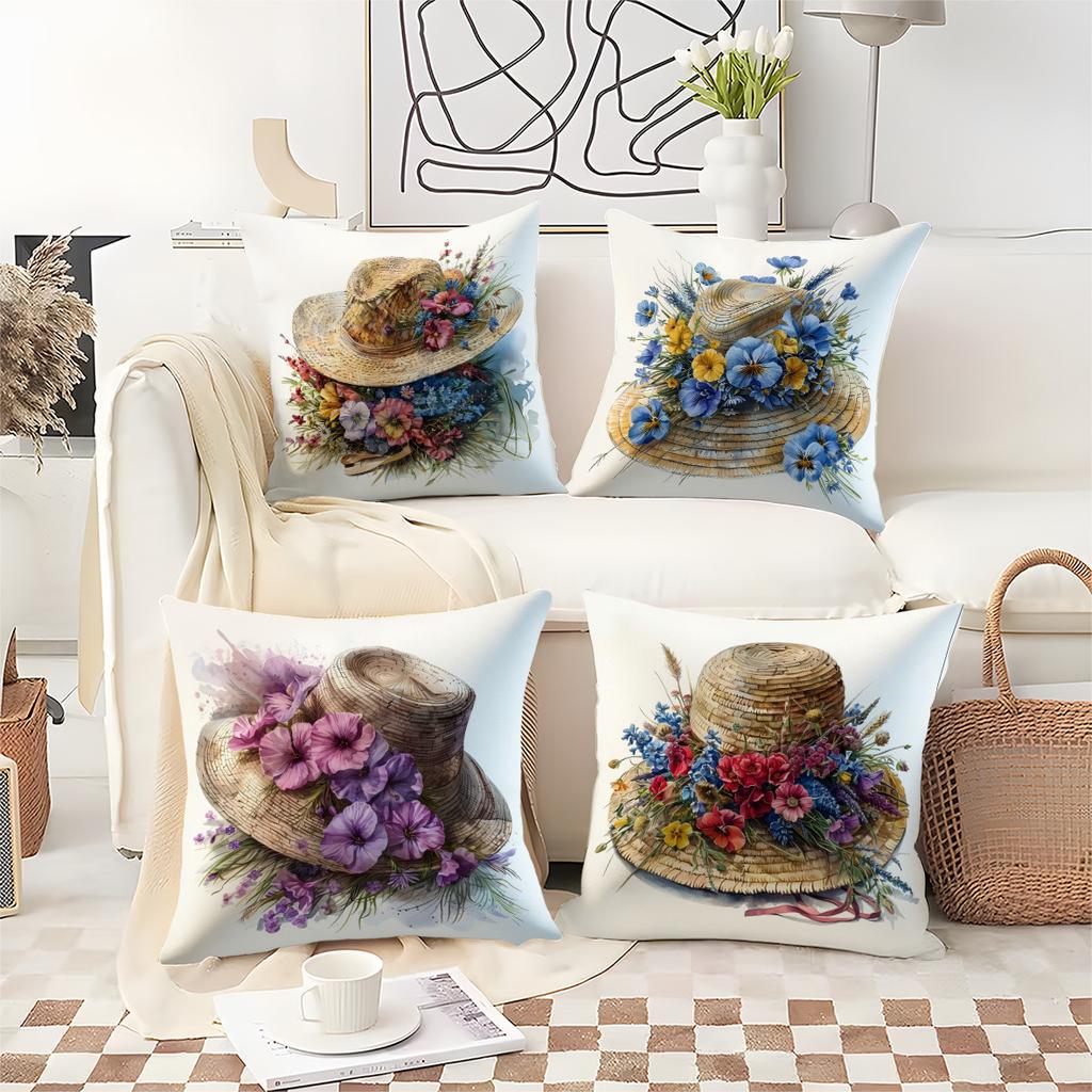 Watercolor Straw Hat Flowers Digital Printing Pillow Cover Short Plush Suitable Living Rooms Bedrooms Sofas Throw Cushion Cover