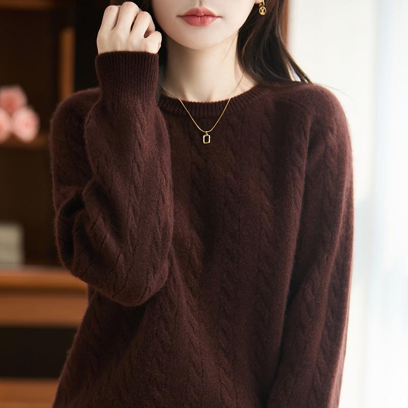 Женский свитер крупной вязки с косами из чистой шерсти: Осень/Зима, Плотный, Круглый вырез, Свободный крой, Однотонный, Базовый слой.