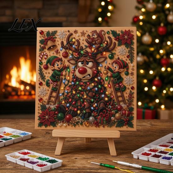 Framed Canvas Wall Art Crafts Christmas Faux Pearl Kit, DIY Rhinestone Painting 8" x 8", Cartoon Artistic Gift for Girls Snowman Animal Diamond Craft