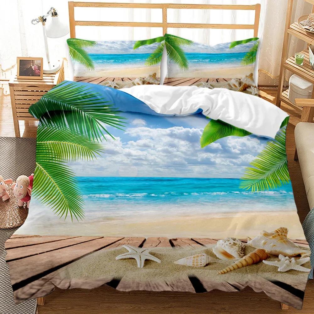 Beach Themed Bedding Set Blue Ocean Duvet Cover Set Starfish Coastal Bedding Beach Queen/King/Full Polyester Comforter Cover