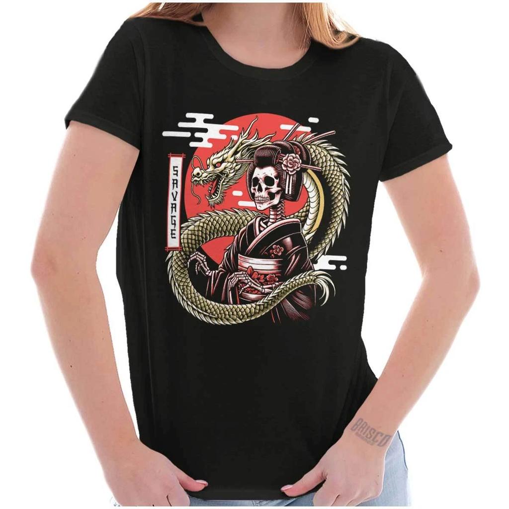Traditional Skeleton Geisha Savage Dragon Graphic T Shirts for Women T-Shirts