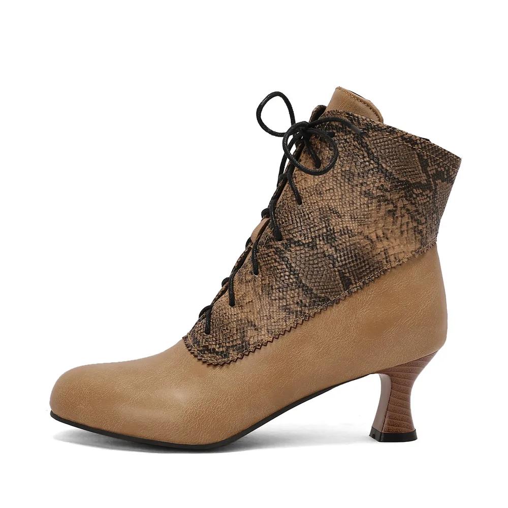 Осень Новые Женские Туфли на Высоком Каблуке на Шнуровке Странные Ботинки Стимпанк Викторианские Ботильоны Женские Круглый Носок Боковая Молния Короткие Ботинки