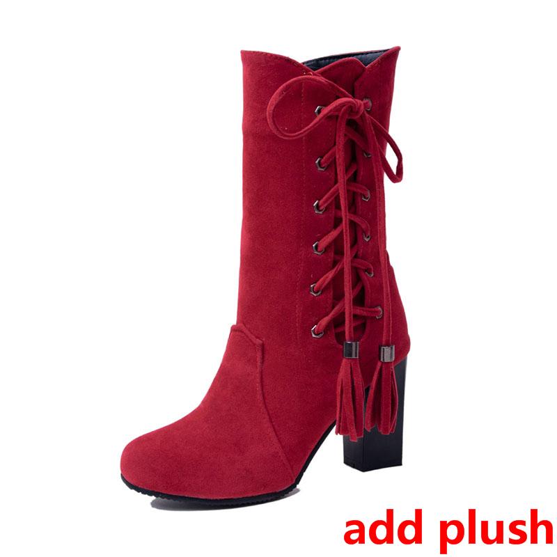 Fashion Large Size 32-45 High Heel Boots Women Shoes Woman Zip Up Shoelace Winter Boots Fringe Footwear Party Bottine
