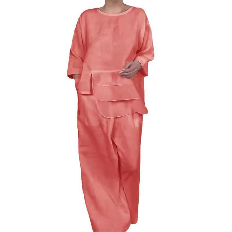 Round Neck Satin Layered Design Top and Wide Leg Pants Set