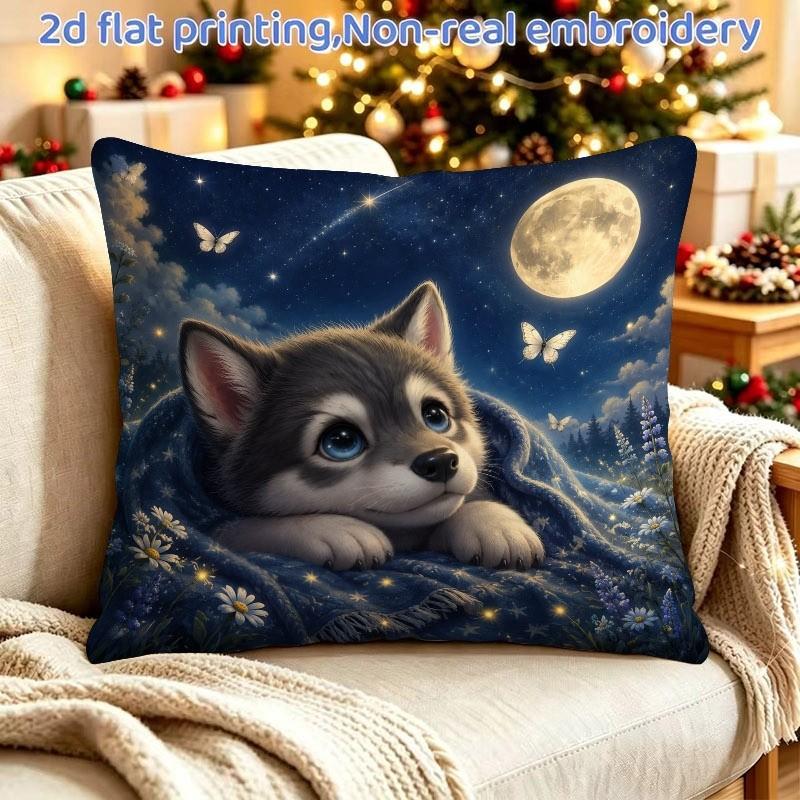 1pc 2D Flat Printing Pillowcase, Single-Sided Print (Pillow Insert Not Included), Size 45X45Cm/18X18 Inches, Cute Husky Puppy Night Scene Pattern with