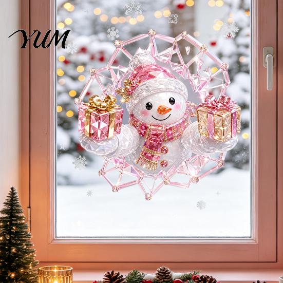 Self Adhesive Seasonal Decor 2Pcs Stained Glass Style Christmas Window Clings, Double?Sided Printed Xmas Static Reusable Ornament Stickers