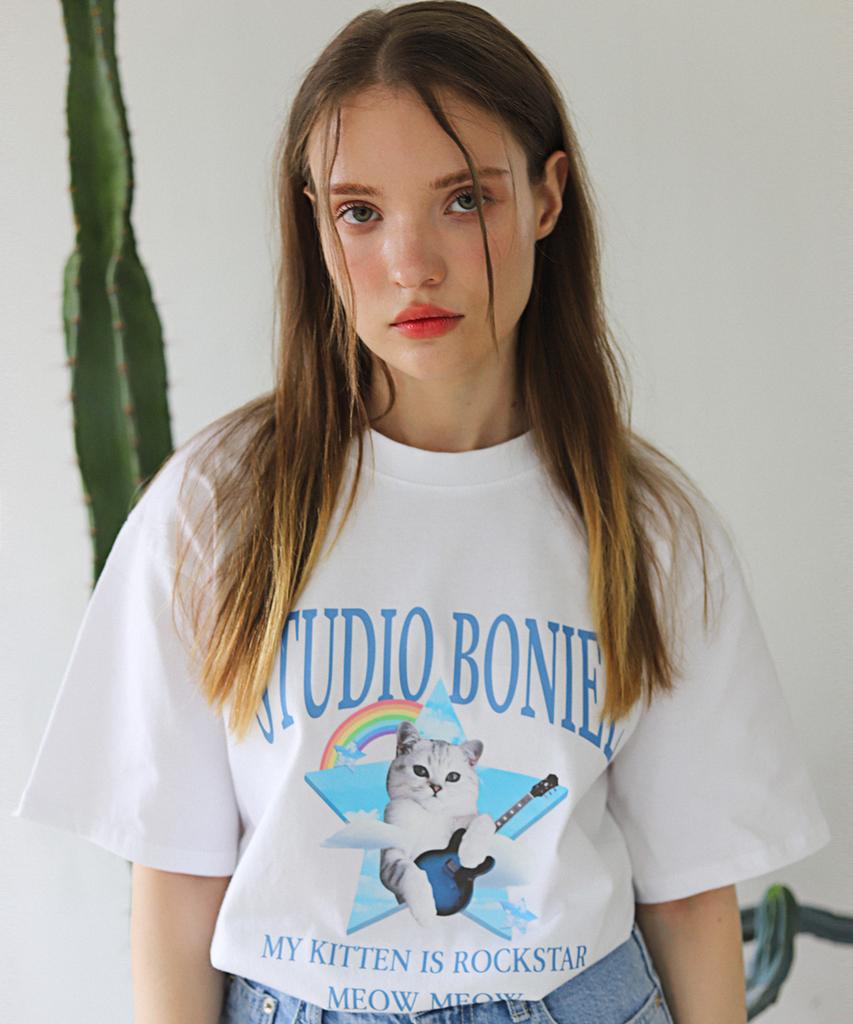 BONIEE Cat Kitten Rockstar Graphic Loose Oversized T-Shirt White