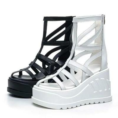 Мода 10СМ Натуральная Кожа Женские Летние Плетеные Туфли Мюли Туфли Панк Ботильоны Сандалии Платформа Танкетка Платформа Танкетка Полые Молния