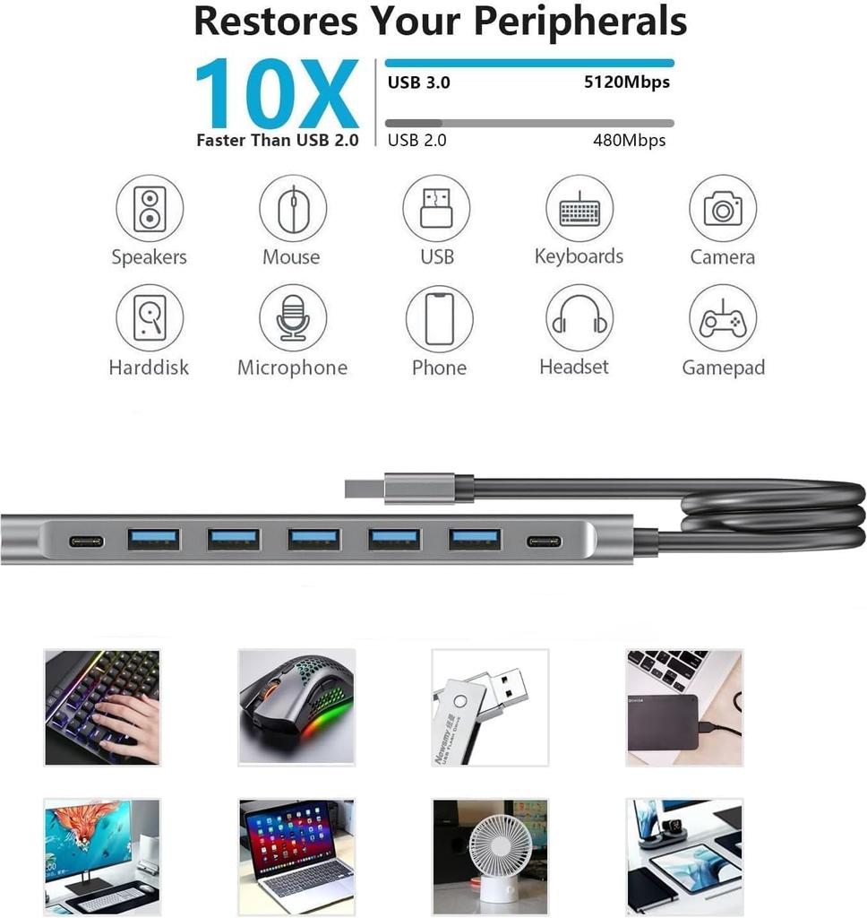USB-концентратор с длинным кабелем, 8 портов, разветвитель USB x USB, основной кабель питания для ноутбука 3.0 6, (с блоком питания USB-C 5 В/3 А) (47 дюймов/120 см)