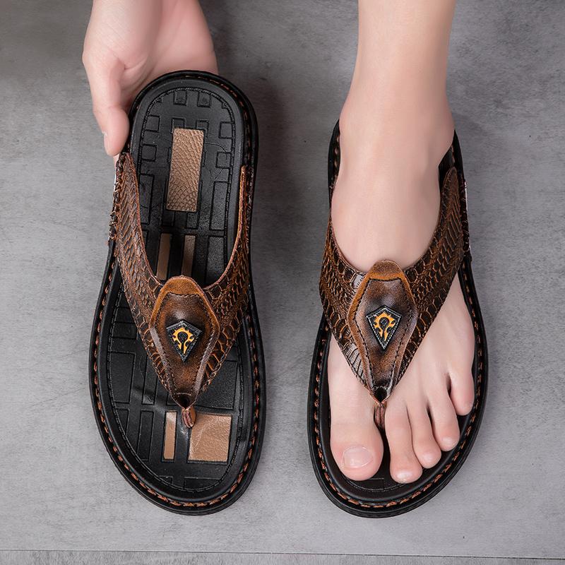 Genuine Leather Men Slippers Handmade Flip Flops Crocodile Grain Style Summer Men Casual Shoes Non-slip Outdoor Men Beach Shoes