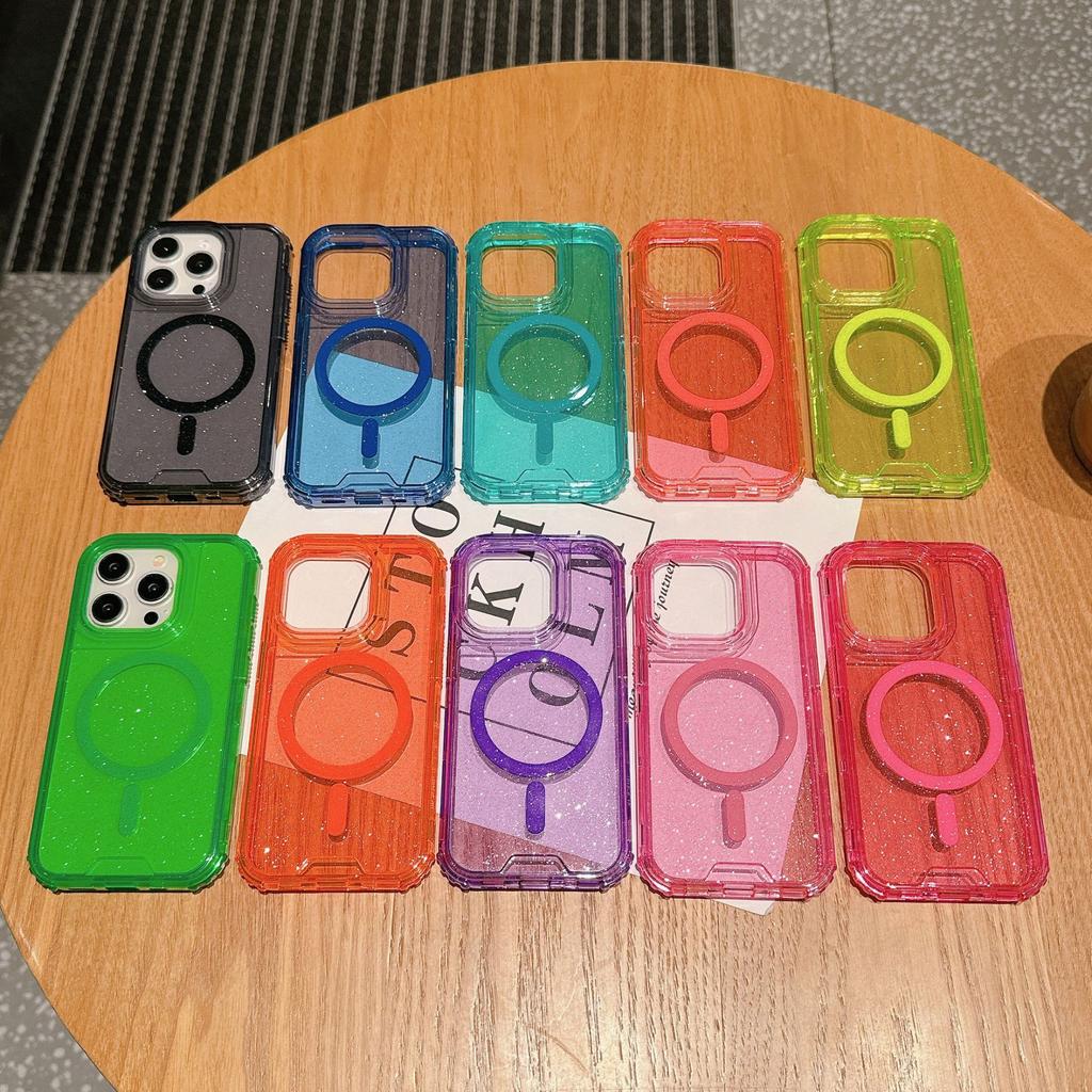 For IP16promax Second Generation Magnetic Colorful Three-in-one PC Upper and Lower Cover + TPU Plus Glitter All-inclusive Mobile Phone Case