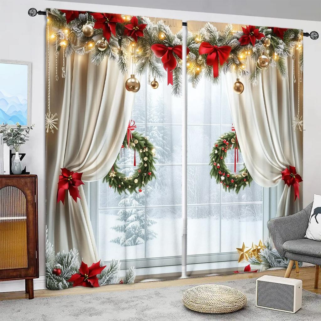 2pcs Windows with A Christm Printed Curtain for Christmas Home Decor - Rod Pocket Window Treatment for Bedroom, Office, Kitchen