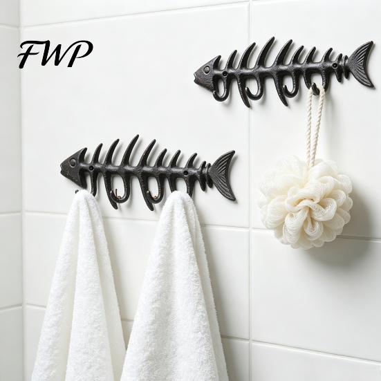 Heavy Duty Cast Iron Hooks Fish Bones Wall Mounted Towel Rack, Stylish Hanger with 4 Hook for Towels Robes, Waterproof Rust-Resistant Nautical Home &