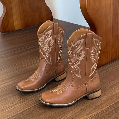Ретро Женские Ковбойские Сапоги в Западном Стиле Модные Сапоги до Середины Икры Рыцарские Сапоги Классические Вышитые Кожаные Сапоги с Квадратным Носком для Женщин Рыцарские Отс