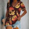 New Summer Women Fashion T-shirt Skull Printing V-Neck Tops Tees Female Vintage Short Sleeve Clothing Ladies Daily Casual Outfit