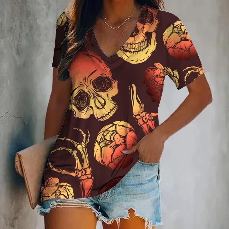 New Summer Women Fashion T-shirt Skull Printing V-Neck Tops Tees Female Vintage Short Sleeve Clothing Ladies Daily Casual Outfit
