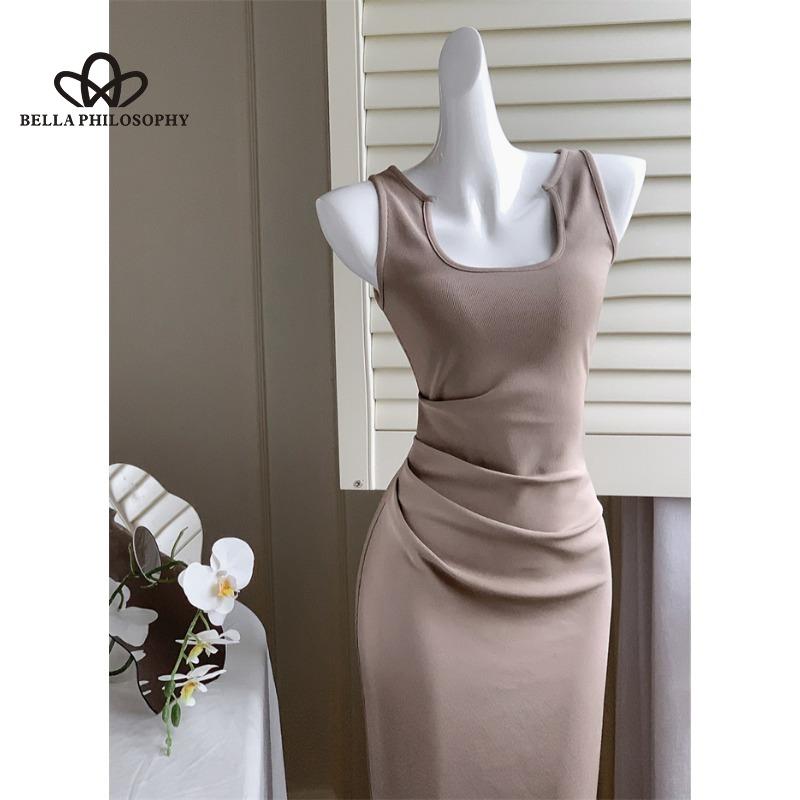 Сплошное цветное трикотажное платье на бретельках, женское летнее корейское стильное новое элегантное длинное платье с плиссированной талией и бедрами