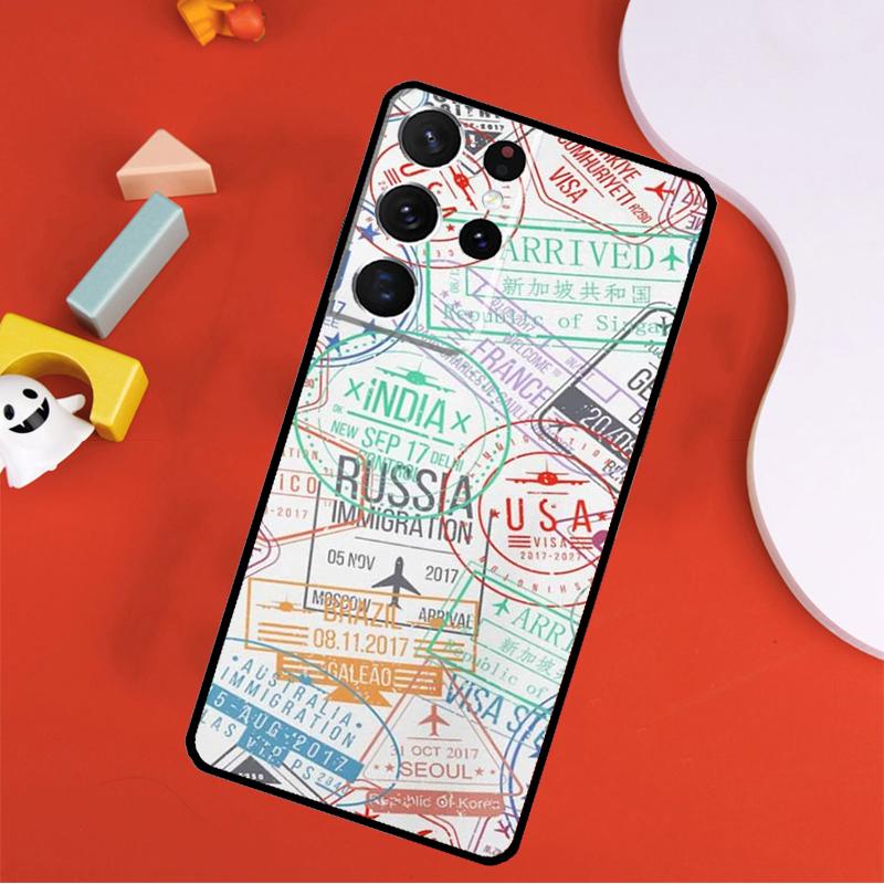 Retro Post Card Passport Stamps Phone Case For Samsung Galaxy S25 Ultra S9 S10 S20 S21 FE S22 S23 S24 Plus S24 Ultra Cover
