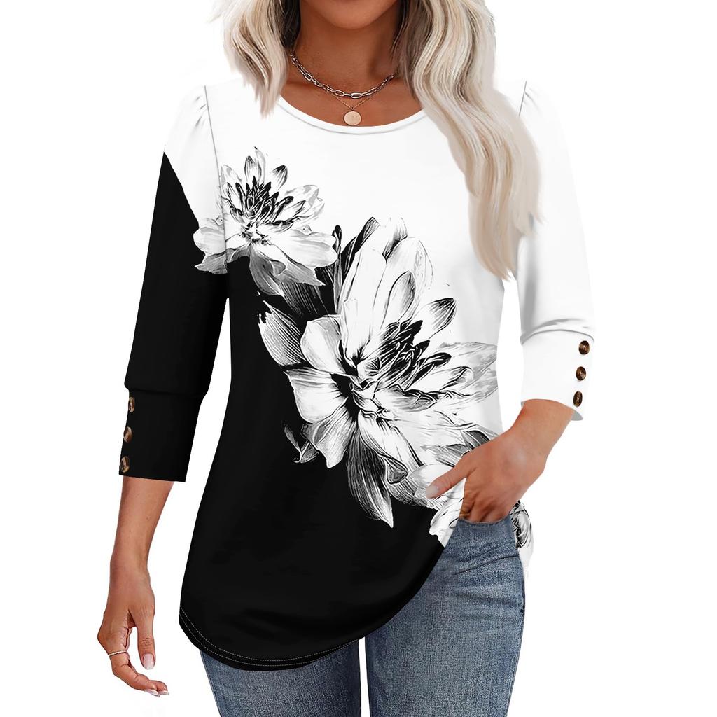 Женская мода Повседневная Винтажная Футболка Топ с круглым вырезом и рукавом в семь сложений с цветочным принтом