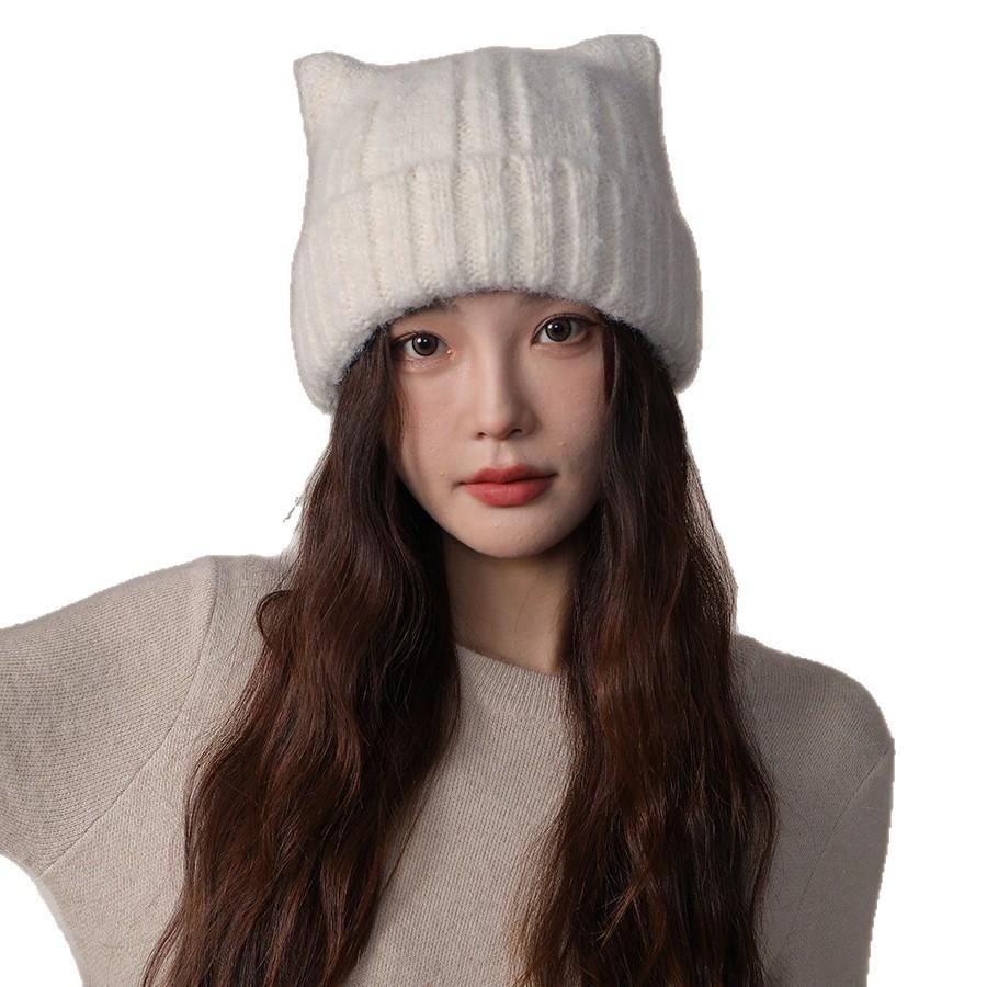 Cat ears cute wool hat women's autumn and winter thickened bag head ear protection cold hat big head circumference plush warm knitted hat