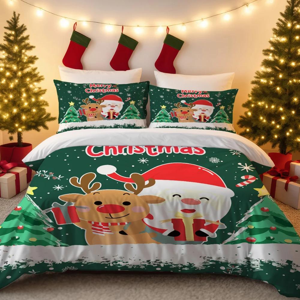3pcs Santa Claus Christmas Tree Print Coreless Duvet Set Bedroom Dormitory Bedding Decoration