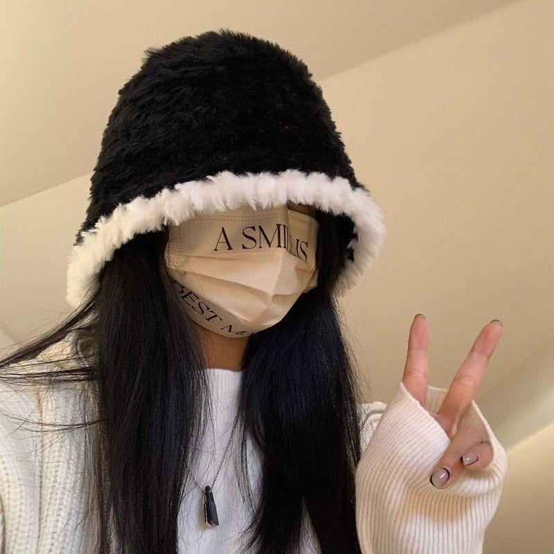 Hat female autumn and winter plain face cover fashion versatile basin hat show face small plush bucket bucket hat male
