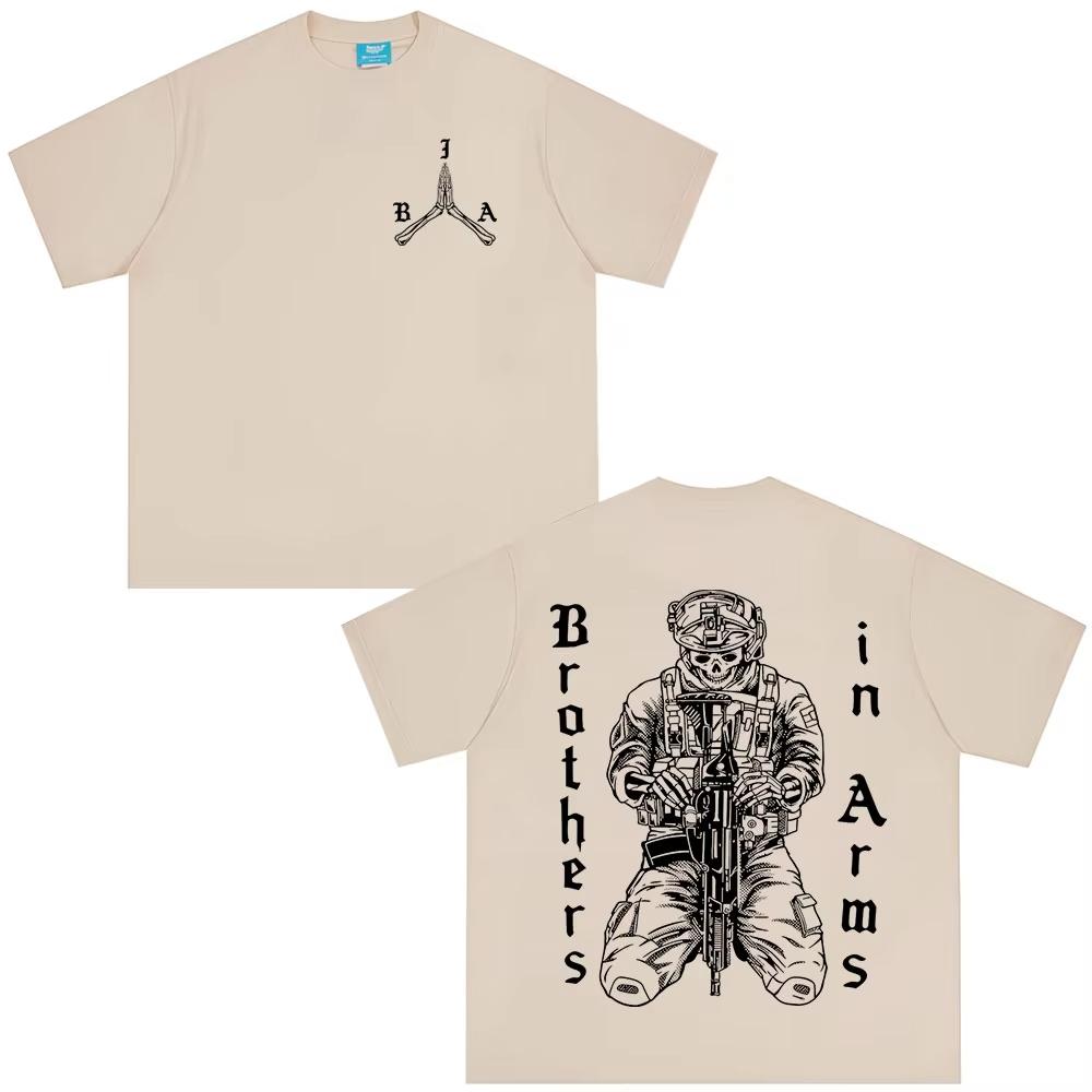 Brothers in Arms Skeleton Double Sided Printed Tshirt Unisex Women Clothing Summer Casual pure Cotton Short Sleeves Top Streetwear