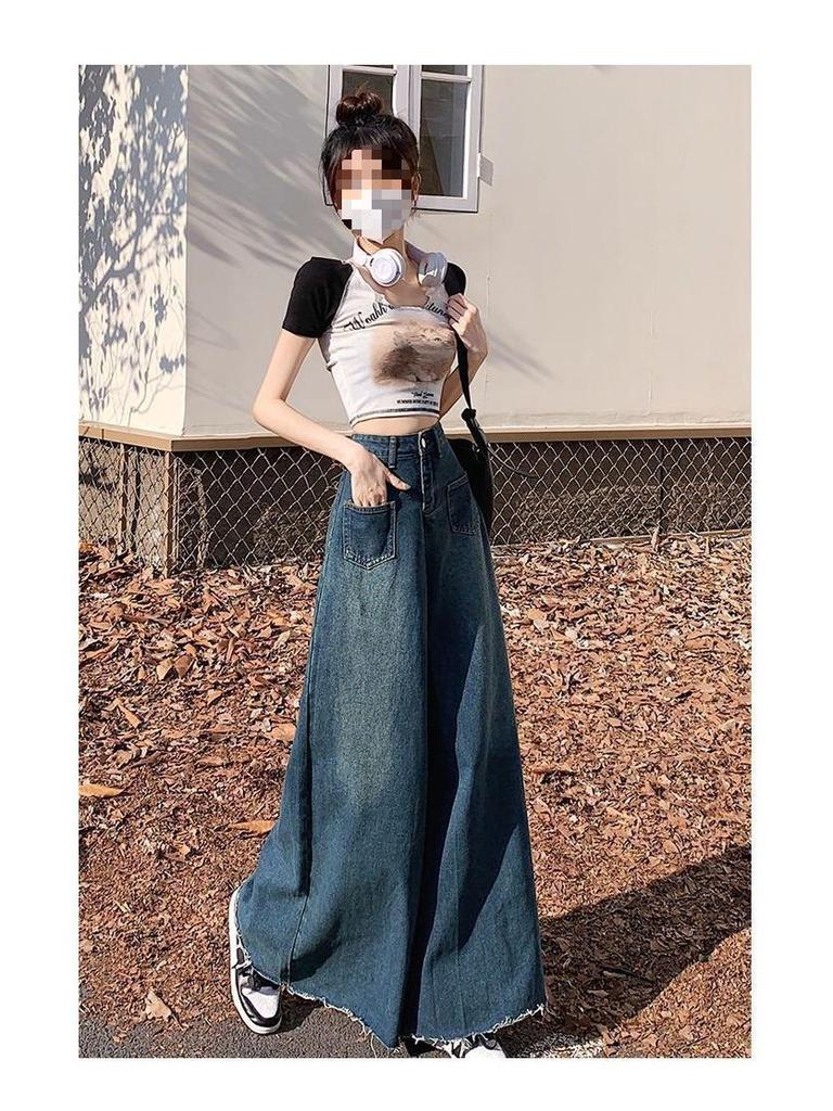 Юбка деним 2024 в стиле ретро с высокой талией и широкими штанинами с необработанными краями для весны и осени