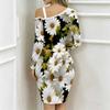 Women Plus Size Asymmetric Cold Shoulder Black Background White Daisy Print Wrap Bodycon Midi Dress