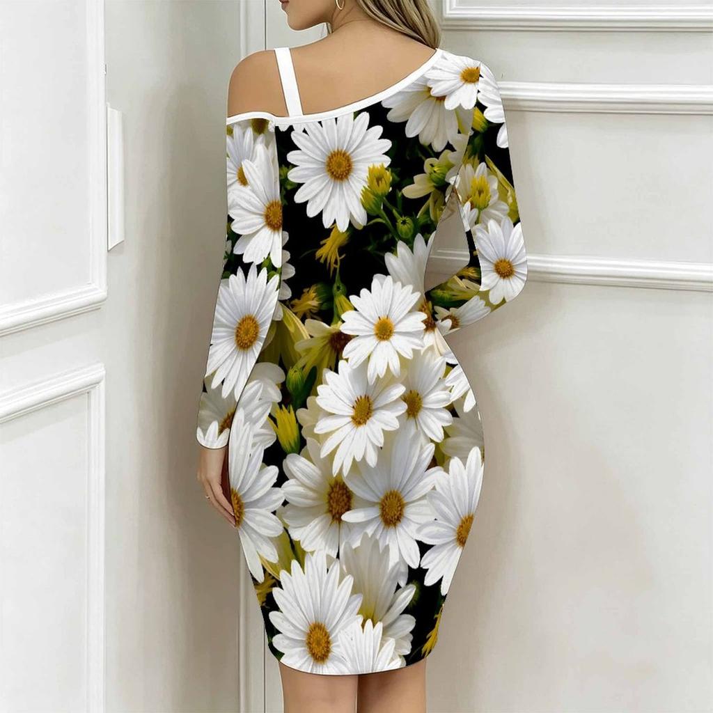 Women Plus Size Asymmetric Cold Shoulder Black Background White Daisy Print Wrap Bodycon Midi Dress